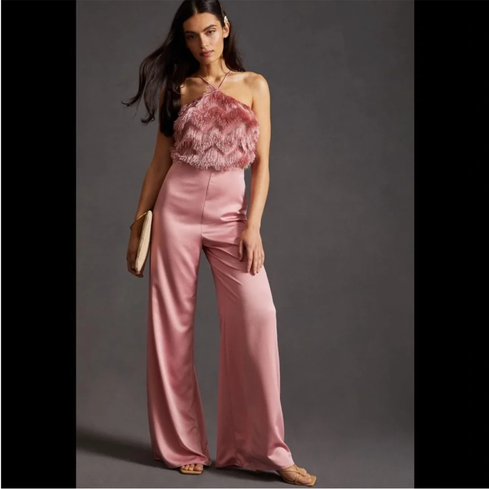 Anthropologie Hutch pink open side feathered jumpsuit, NWT 8 romper wide leg